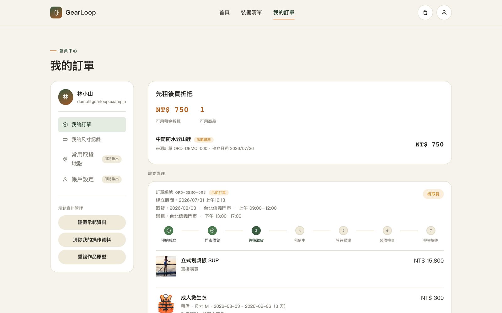 會員中心頁面，含先租後買折抵額度與訂單狀態時間軸
